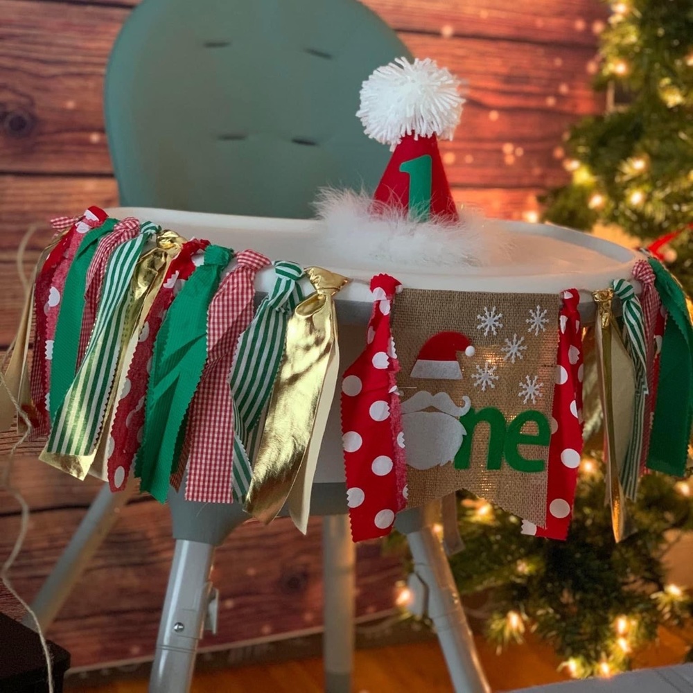 First birthday (one) holiday banner, cake topper, candle, and hat